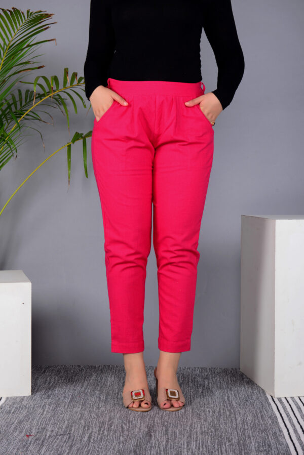 Ausuda Women Solid Cotton Straight Pants | Comfortable Elastic Waist Casual Daily Wear Trousers (Pink)