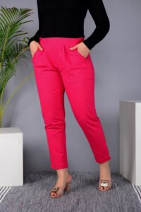 MKAF_901 PINK PENT-G Ausuda Women Solid Cotton Straight Pants | Comfortable Elastic Waist Casual Daily Wear Trousers (Pink)