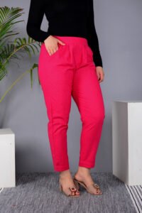 MKAF_901 PINK PENT-H Ausuda Women Solid Cotton Straight Pants | Comfortable Elastic Waist Casual Daily Wear Trousers (Pink)
