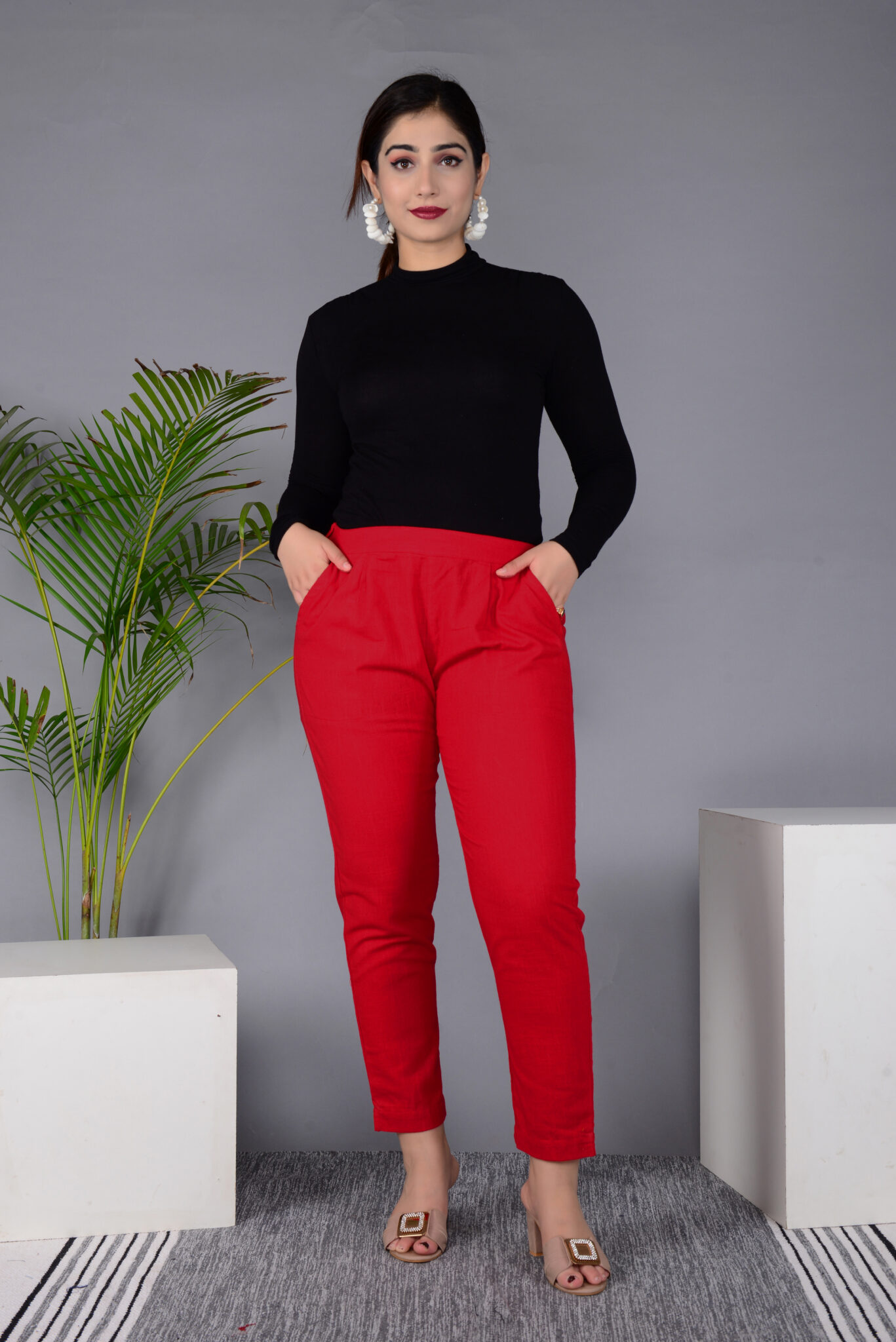 Ausuda Women Solid Cotton Straight Pants | Comfortable Elastic Waist Casual Daily Wear Trousers (Red)