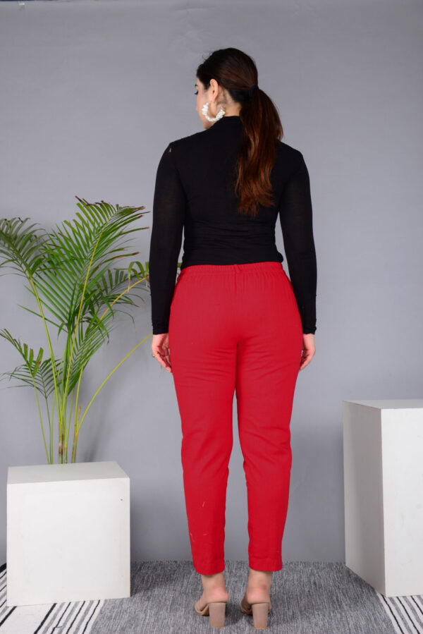 Ausuda Women Solid Cotton Straight Pants | Comfortable Elastic Waist Casual Daily Wear Trousers (Red)