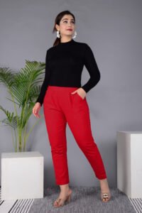 Ausuda Women Solid Cotton Straight Pants | Comfortable Elastic Waist Casual Daily Wear Trousers (Red)