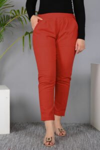 Ausuda Women Solid Cotton Straight Pants | Comfortable Elastic Waist Casual Daily Wear Trousers (Red)