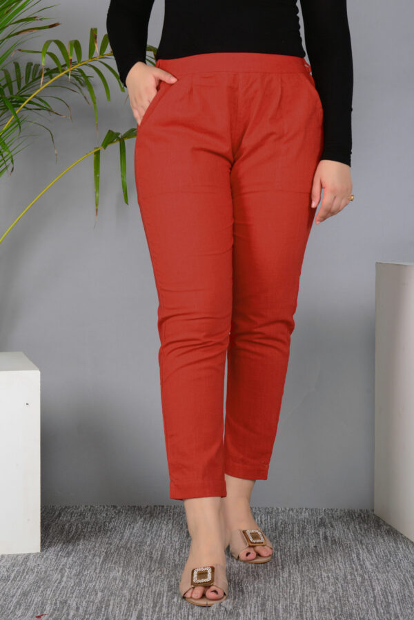 Ausuda Women Solid Cotton Straight Pants | Comfortable Elastic Waist Casual Daily Wear Trousers (Red)