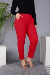 Ausuda Women Solid Cotton Straight Pants | Comfortable Elastic Waist Casual Daily Wear Trousers (Red)
