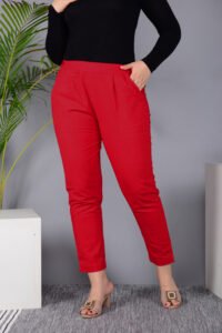Ausuda Women Solid Cotton Straight Pants | Comfortable Elastic Waist Casual Daily Wear Trousers (Red)