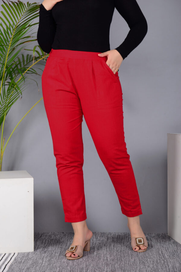 Ausuda Women Solid Cotton Straight Pants | Comfortable Elastic Waist Casual Daily Wear Trousers (Red)