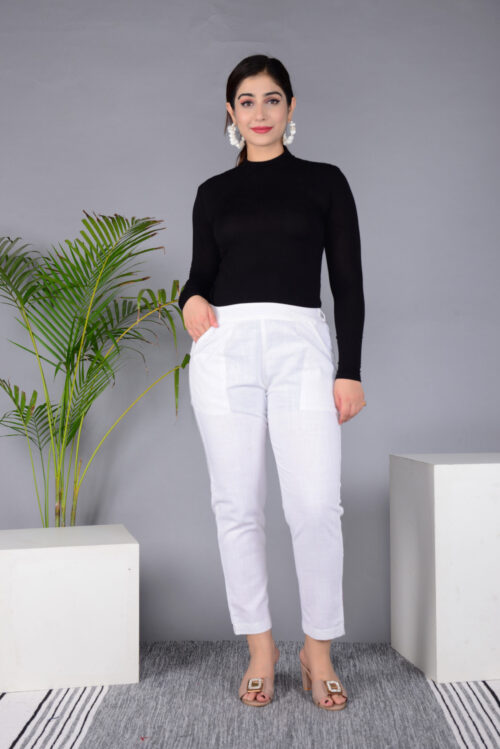 Ausuda Women Solid Cotton Straight Pants | Comfortable Elastic Waist Casual Daily Wear Trousers (White)