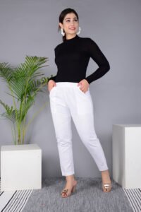 Ausuda Women Solid Cotton Straight Pants | Comfortable Elastic Waist Casual Daily Wear Trousers (White)