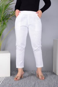 Ausuda Women Solid Cotton Straight Pants | Comfortable Elastic Waist Casual Daily Wear Trousers (White)