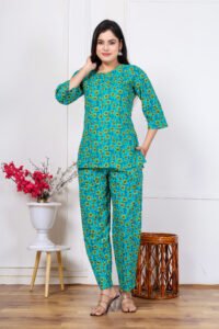 Ausuda Women Pure Cotton Floral Printed Co-Ord Set | Rama Blue Casual Top & Pant Set