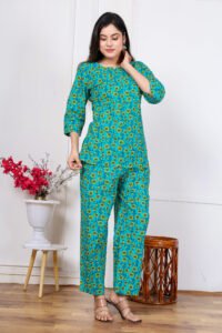 Ausuda Women Pure Cotton Floral Printed Co-Ord Set | Rama Blue Casual Top & Pant Set