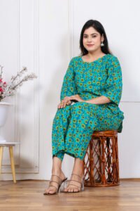 Ausuda Women Pure Cotton Floral Printed Co-Ord Set | Rama Blue Casual Top & Pant Set
