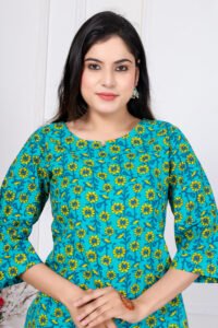 Ausuda Women Pure Cotton Floral Printed Co-Ord Set | Rama Blue Casual Top & Pant Set