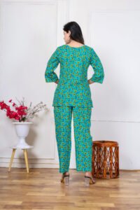 Ausuda Women Pure Cotton Floral Printed Co-Ord Set | Rama Blue Casual Top & Pant Set