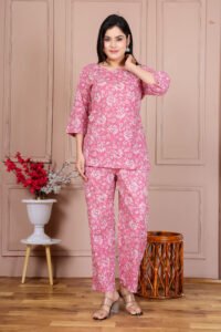 Ausuda Women Pure Cotton Floral Printed Co-Ord Set | Pink Casual Top & Pant Set