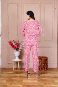 Ausuda Women Pure Cotton Floral Printed Co-Ord Set | Pink Casual Top & Pant Set