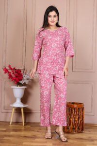 Ausuda Women Pure Cotton Floral Printed Co-Ord Set | Pink Casual Top & Pant Set