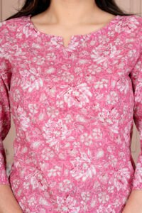 Ausuda Women Pure Cotton Floral Printed Co-Ord Set | Pink Casual Top & Pant Set