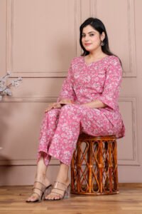 Ausuda Women Pure Cotton Floral Printed Co-Ord Set | Pink Casual Top & Pant Set