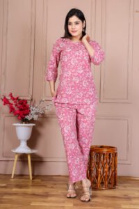 Ausuda Women Pure Cotton Floral Printed Co-Ord Set | Pink Casual Top & Pant Set
