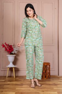 Ausuda Women Pure Cotton Printed Co-Ord Set | Pista Green Floral Top & Pant Set