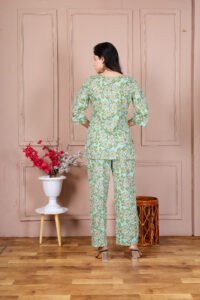 Ausuda Women Pure Cotton Printed Co-Ord Set | Pista Green Floral Top & Pant Set