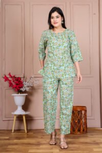 Ausuda Women Pure Cotton Printed Co-Ord Set | Pista Green Floral Top & Pant Set