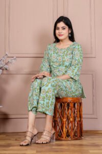 Ausuda Women Pure Cotton Printed Co-Ord Set | Pista Green Floral Top & Pant Set