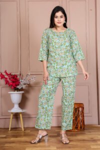 Ausuda Women Pure Cotton Printed Co-Ord Set | Pista Green Floral Top & Pant Set