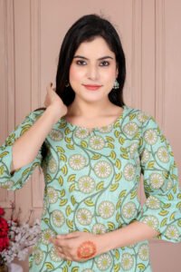 Ausuda Women Pure Cotton Printed Co-Ord Set | Pista Green Floral Top & Pant Set