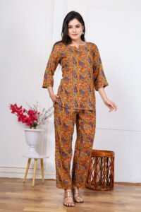 Ausuda Women Pure Cotton Printed Co-Ord Set | Mustard Casual Top & Pant Set