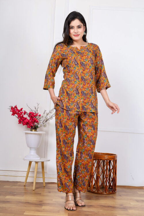 Ausuda Women Pure Cotton Printed Co-Ord Set | Mustard Casual Top & Pant Set