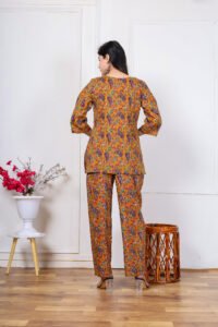 Ausuda Women Pure Cotton Printed Co-Ord Set | Mustard Casual Top & Pant Set