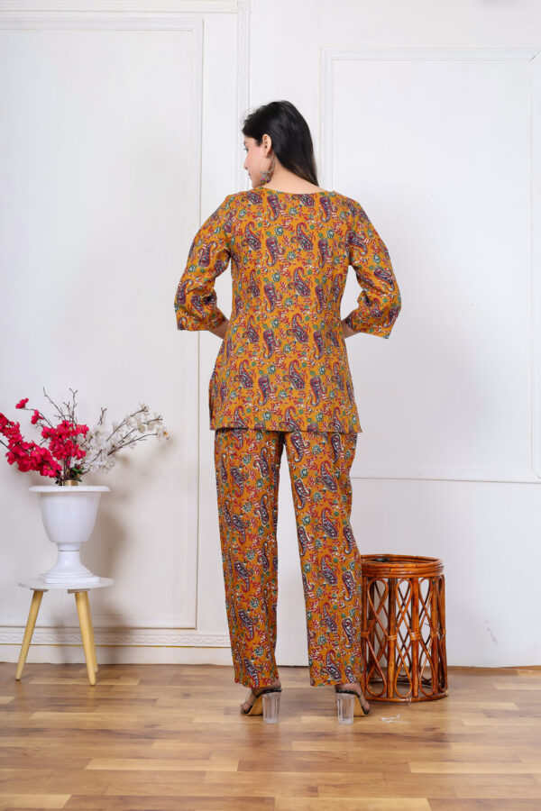 Ausuda Women Pure Cotton Printed Co-Ord Set | Mustard Casual Top & Pant Set