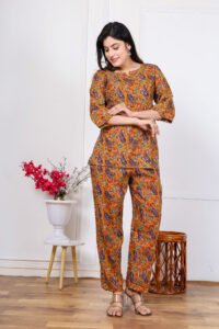 Ausuda Women Pure Cotton Printed Co-Ord Set | Mustard Casual Top & Pant Set