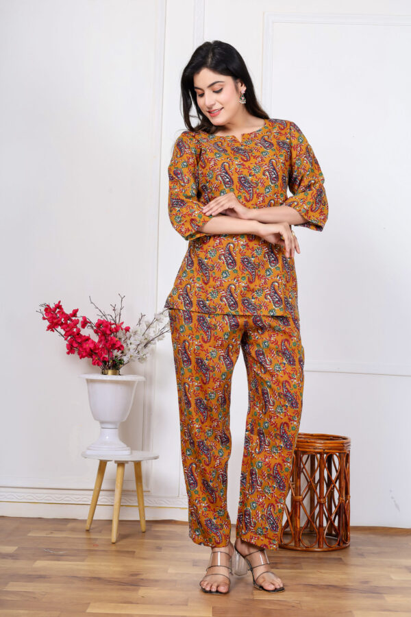 Ausuda Women Pure Cotton Printed Co-Ord Set | Mustard Casual Top & Pant Set