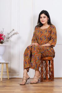 Ausuda Women Pure Cotton Printed Co-Ord Set | Mustard Casual Top & Pant Set