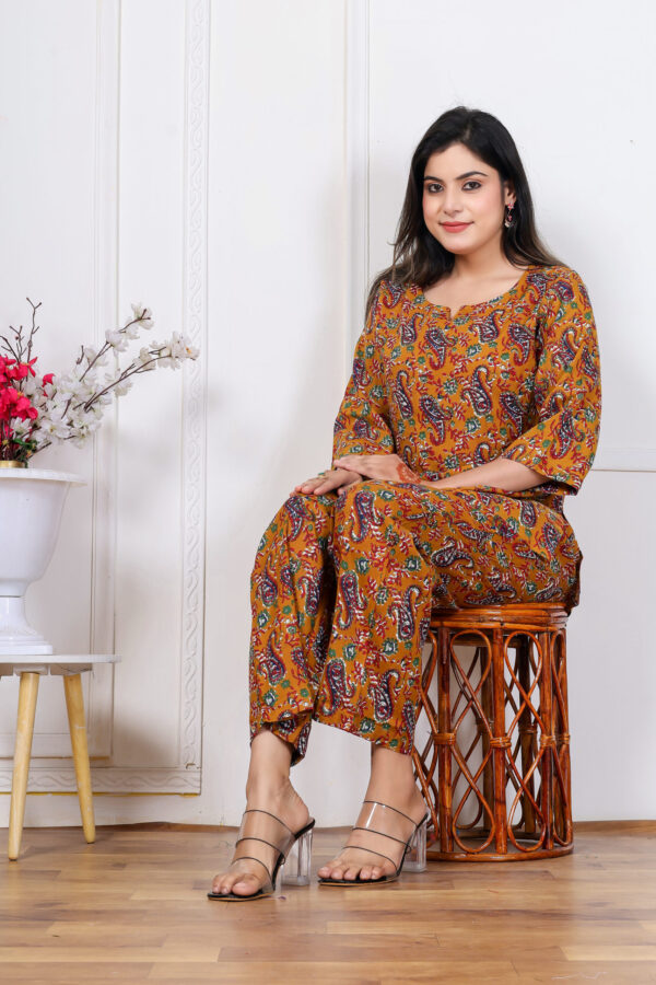 Ausuda Women Pure Cotton Printed Co-Ord Set | Mustard Casual Top & Pant Set