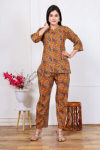 Ausuda Women Pure Cotton Printed Co-Ord Set | Mustard Casual Top & Pant Set
