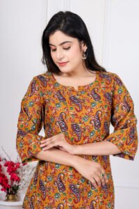 Ausuda Women Pure Cotton Printed Co-Ord Set | Mustard Casual Top & Pant Set