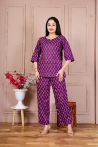 Ausuda Women Pure Cotton Printed Co-Ord Set | Purple Casual Top & Pant Set