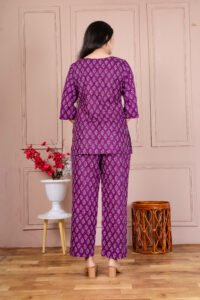 Ausuda Women Pure Cotton Printed Co-Ord Set | Purple Casual Top & Pant Set