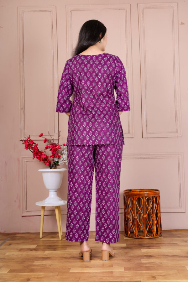 Ausuda Women Pure Cotton Printed Co-Ord Set | Purple Casual Top & Pant Set