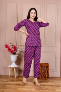 Ausuda Women Pure Cotton Printed Co-Ord Set | Purple Casual Top & Pant Set