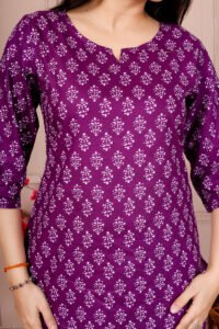 Ausuda Women Pure Cotton Printed Co-Ord Set | Purple Casual Top & Pant Set