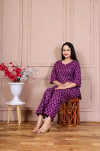 Ausuda Women Pure Cotton Printed Co-Ord Set | Purple Casual Top & Pant Set