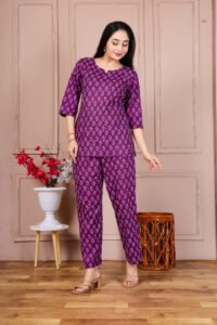 Ausuda Women Pure Cotton Printed Co-Ord Set | Purple Casual Top & Pant Set