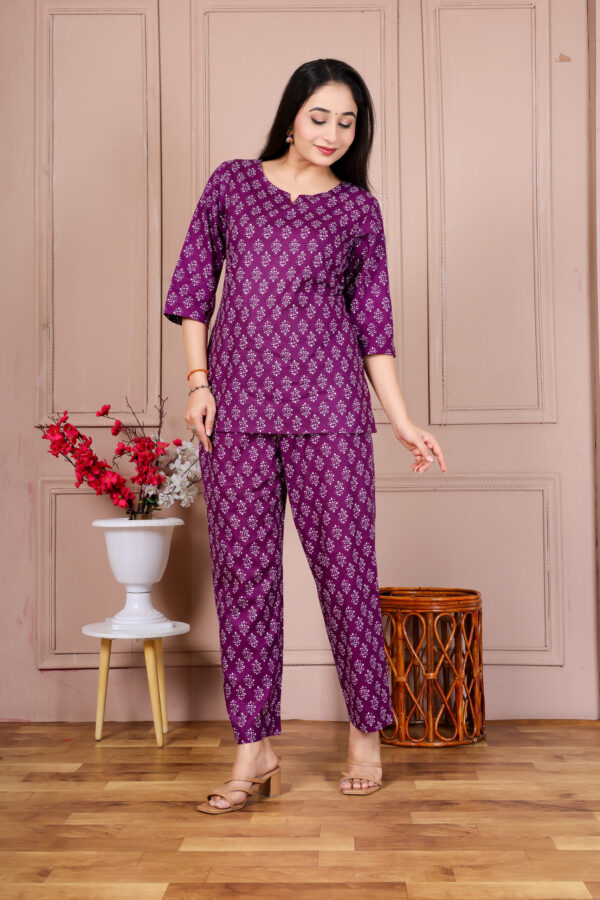 Ausuda Women Pure Cotton Printed Co-Ord Set | Purple Casual Top & Pant Set