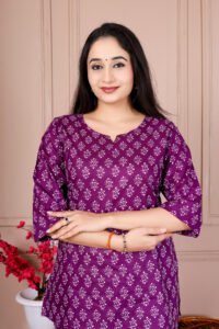 Ausuda Women Pure Cotton Printed Co-Ord Set | Purple Casual Top & Pant Set
